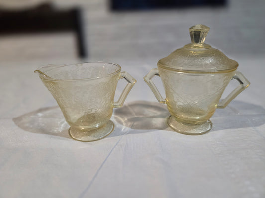 1930s Hazel Atlas Yellow FLORENTINE No 2 Poppy Depression Glass Sugar Bowl w/lid and Creamer set