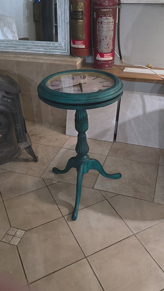 Upcycled Accent Table with Clock-Face Top – Hand-Painted,  One-of-a-Kind